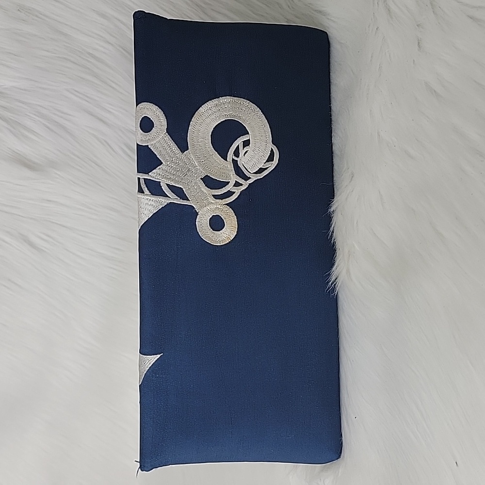 SHIRALEAH Navy Blue Silk White Embroidered Anchor Nautical Preppy Clutch Bag - Picture 2 of 16